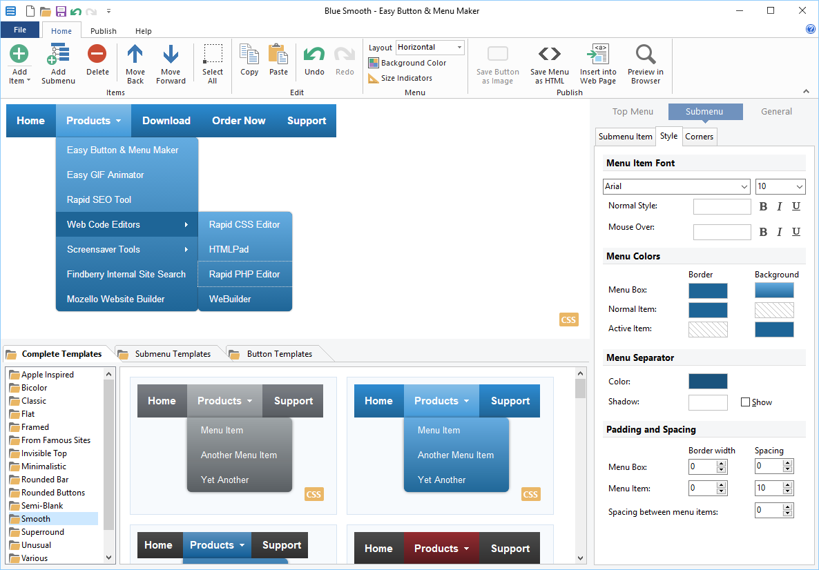 Easily create professional drop-down menus and cool buttons for your website.